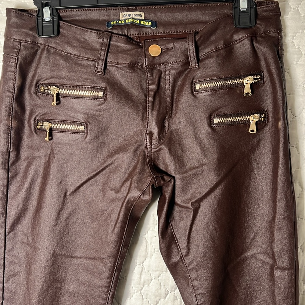 Top Trends Brown Skinny Pants with Zipper Accents - 8
